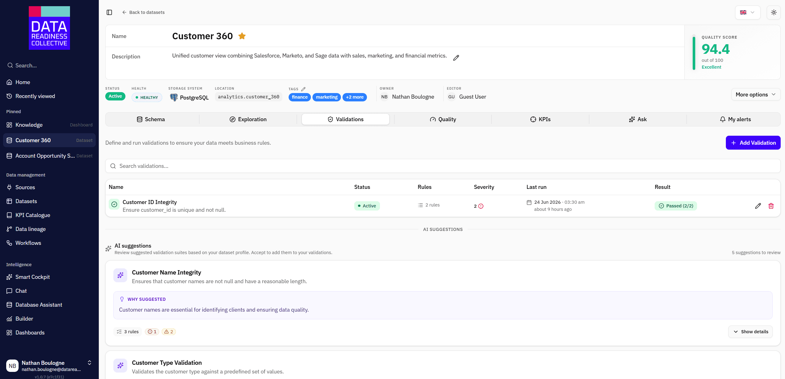 Vantage dataset management with metadata, quality rules, and ownership